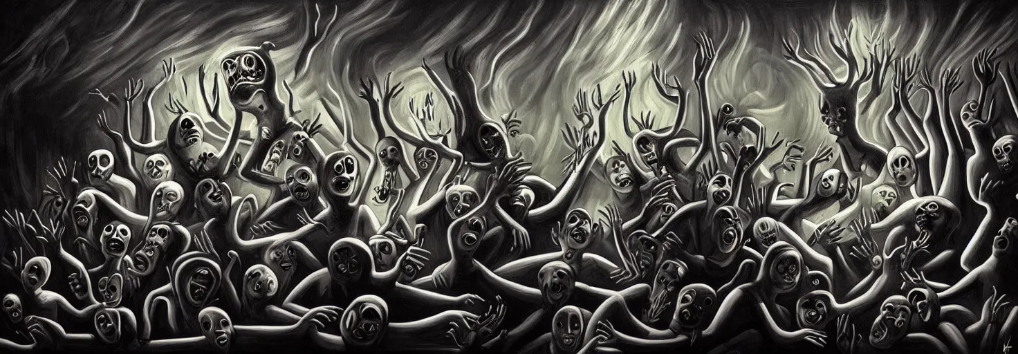 Image similar to visceral freaky obsessive monsters from the darkest depths of collective unconscious, dramatic glowing lighting, 1 9 3 0 s fleischer cartoon characters, wild emotional expressions - surreal painting by ronny khalil