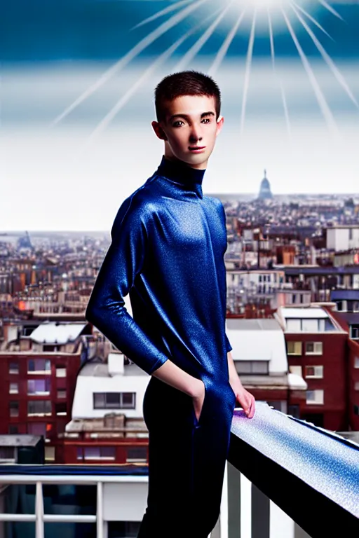 Image similar to un ultra high definition studio quality photographic art portrait of a young man standing on the rooftop of a british apartment building wearing soft padded silver pearlescent clothing. three point light. extremely detailed. golden ratio, ray tracing, volumetric light, shallow depth of field. set dressed.