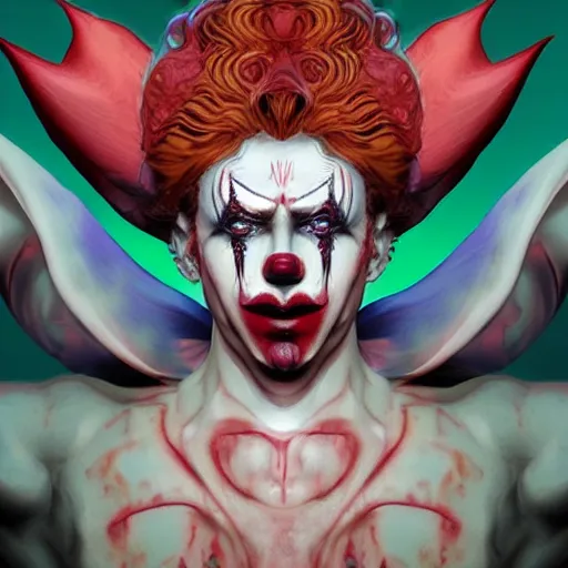 Image similar to 4K headshot of godlike clown with defined arms and open hands and bloody clothes with giant mandala wings , intricate clown face make-up , flawless anime cel animation by Kentaro Miura, psychedelic , highly detailed upper body , professionally post-processed , beautiful, scary, symmetry accurate features, epic, octane rendered, anime masterpiece, accurate