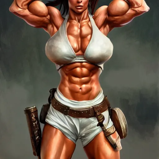 Image similar to lara croft as a female bodybuilder redhead showing her abs, fantasy, intricate, elegant, highly detailed, digital painting, artstation, concept art, matte, sharp focus, illustration, art by aenaluck and roberto ferri and greg rutkowski, epic fantasy, digital painting