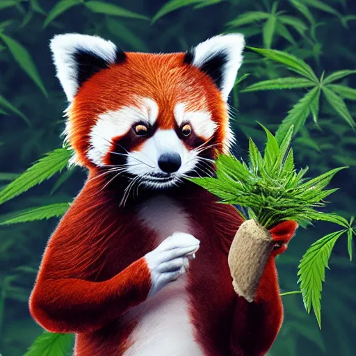 Image similar to anthropomorphic red panda, holding a bag of catnip, smoking a cigar, in front of hemp plants, happy dopey expression, squinting, beautiful lighting, high quality digital art, trending on artstation