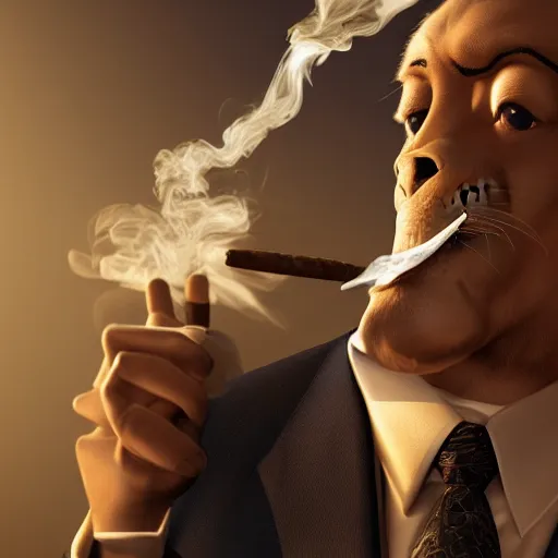 Image similar to a lion smoking a cigar wearing a suit, subject= lion, subject detail: wearing a suit, subject action: smoking a cigar, dramatic lighting, cinematic lighting, establishing shot, photorealistic, high details, cinematic, 8k resolution, extremly detailed, photorealistic, artstation, unreal engine