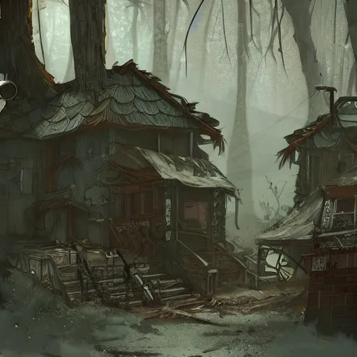 Prompt: A post-apocalyptic village in fairy tale forest in the style of cyberpunk in the style of dark fantasy art Trending on artstation DeviantArt Pinterest detailed Photorealistic HD 8k highlights and shadow detailed High Resolution