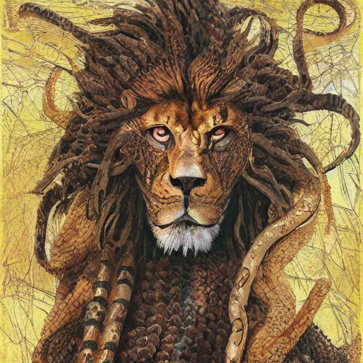 Image similar to demiurge snake snake camouflaged as a lion costume furry ears neck neck mane tall long viper national geographic tombow peter doig greg rutkowski lucian freud arsen savadov dan witz vik muniz