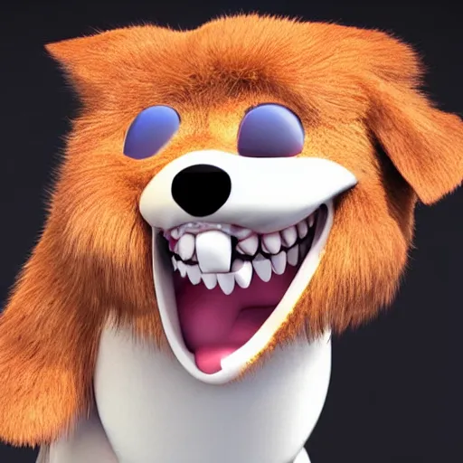 Prompt: a cute, furry dog named chompers with human teeth and his mouth open, highly detailed, very realistic, extra lare