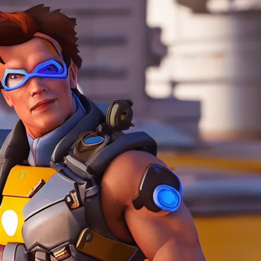 Image similar to a screenshot of arnold schwarzenegger as tracer in overwatch