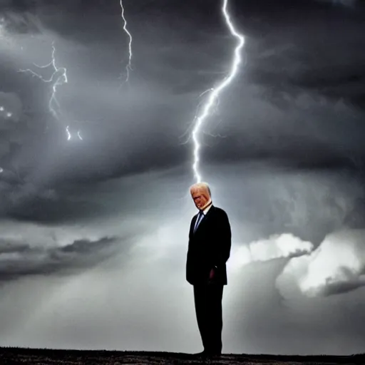 Prompt: ominous portrait of joe biden with glowing eyes, dramatic storm clouds, high contrast