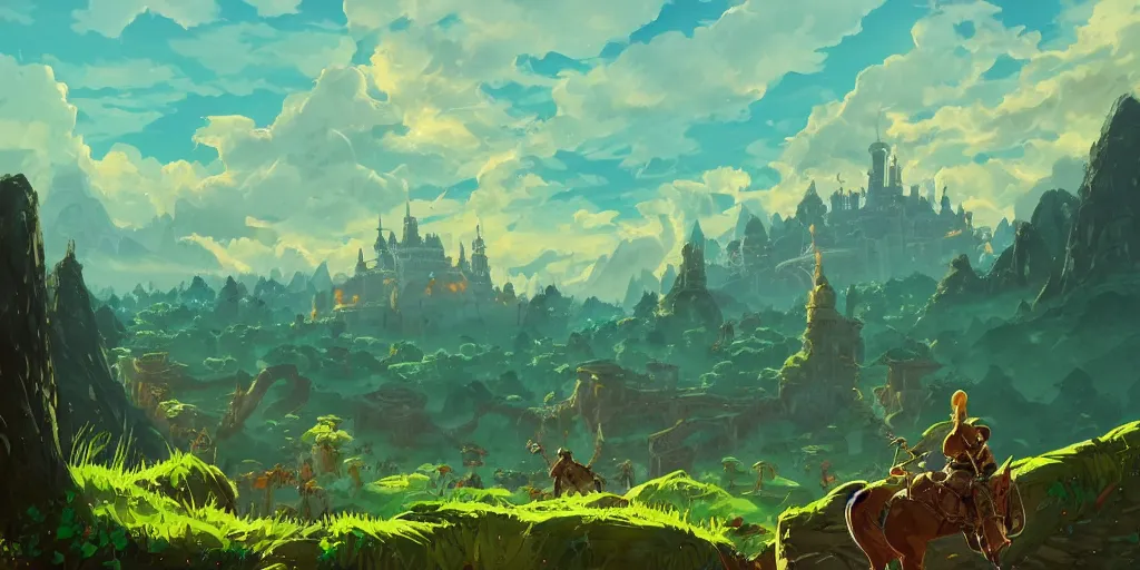 Prompt: a beautiful digital matte painting of a verdant fantasy countryside, breath of the wild, hyrule, inspired by cyril rolando, david wiesner, many golden layers, orange color tone, very far royal steampunk castle, cgsociety, dappled sunlight, trending on artstation, azure sky