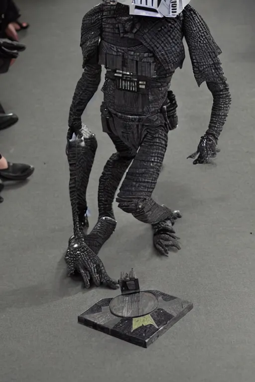 Prompt: a reptilian glamour model walking a catwalk on the edge of a tie fighter