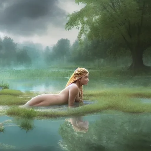 Prompt: epic portrait a female viking swimming in a steamy green lake full of flowers, beauty, pretty face, glossy skin, digital painting, artstation, concept art, soft light, hdri, smooth, sharp focus, illustration, fantasy, intricate, elegant, highly detailed, D&D, matte painting, in the style of Greg Rutkowski and Alphonse Mucha and artemisia, 8k, highly detailed, jurgens, rutkowski, bouguereau, pastoral, rustic, georgic