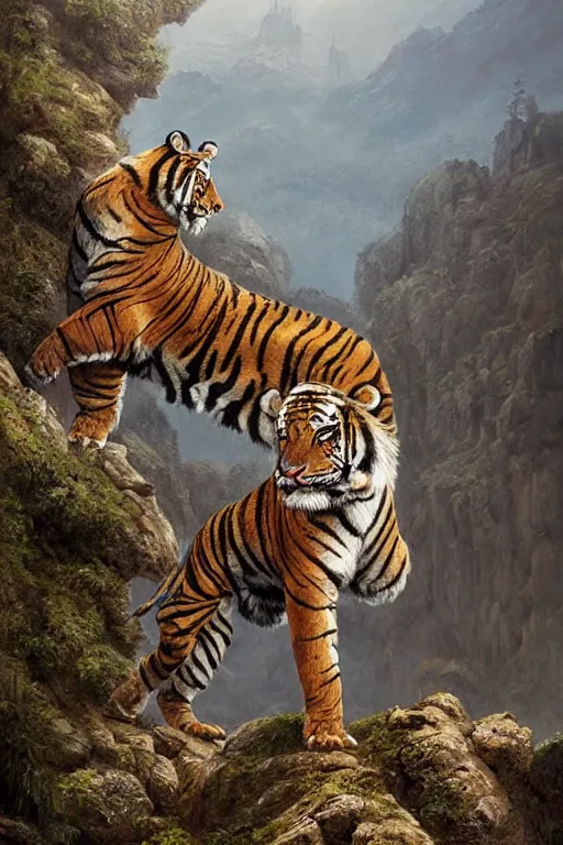 Image similar to a humanoid muscular tiger king stands on a rock by greg rutkowski, magic realism, hyper realistic, 2 0 0 mm lens