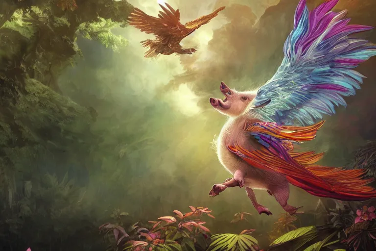 Prompt: a pig with rainbow feathered wings, flying above a tropical forest, HD, illustration, epic, D&D, fantasy, intricate, elegant, highly detailed, digital painting, artstation, concept art, smooth, sharp focus, illustration, wallpaper, art by artgerm and greg rutkowski and alphonse mucha and jin xiaodi and anthony devine