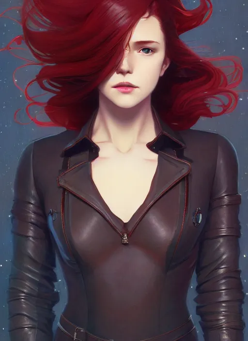 Image similar to pretty young woman with shoulder length shiny shimmering dark red hair and wearing leather high - tech suit, path traced, highly detailed, high quality, digital painting, by studio ghibli and alphonse mucha, leesha hannigan, makoto shinkai, disney