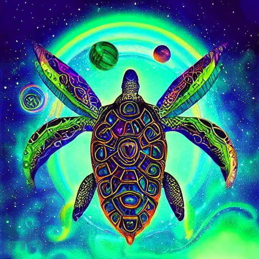 Image similar to “psychedelic visionary art of a beautiful flying turtle in space by Android Jones”