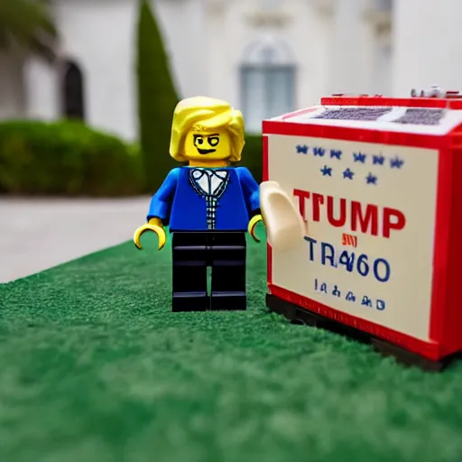 Image similar to lego donald trump leaving mar - a - lago with cardboard boxes, lego, macro shot, wide shot,