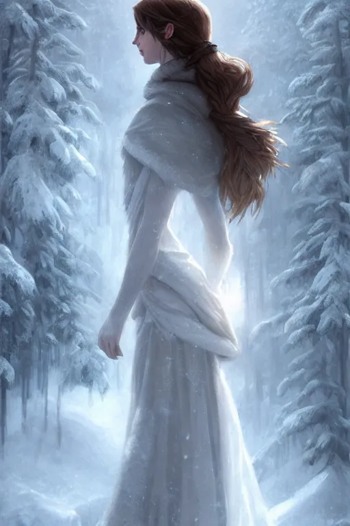 Image similar to emma watson goddess of the winter twilight, highly detailed, digital painting, artstation, concept art, smooth, sharp focus, illustration, unreal engine 5, 8 k, art by artgerm and greg rutkowski and edgar maxence