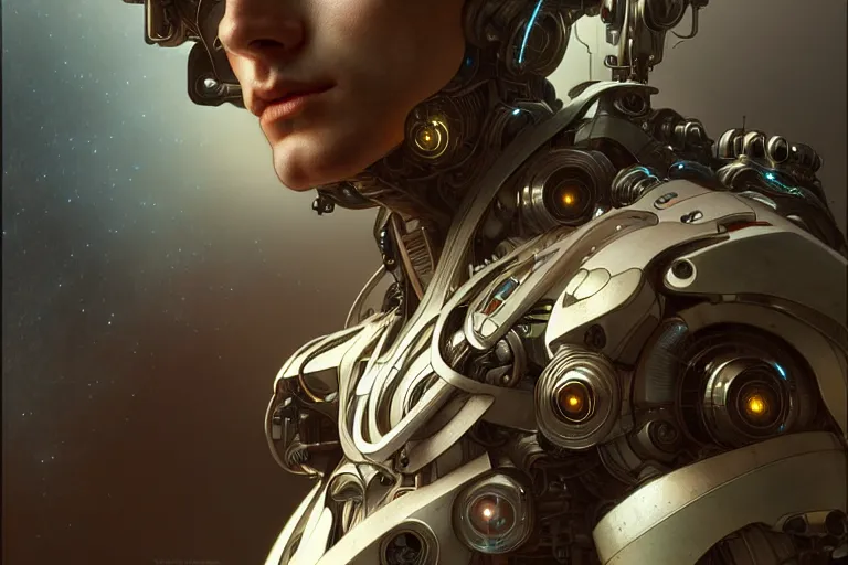 Prompt: ultra realistic, beautiful male cyborg plugged into the internet, sitting in chair, sci - fi, intricate details, eerie, highly detailed, octane render, 8 k, art by artgerm and alphonse mucha and greg rutkowski