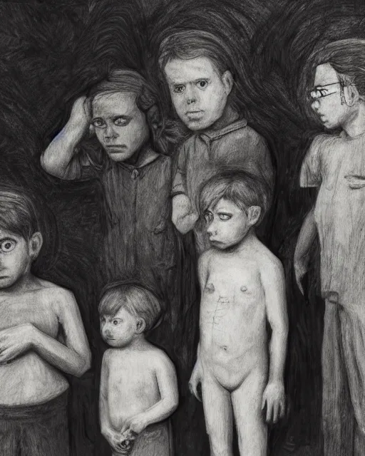 Prompt: group of creep children staring out, black and white character portrait, ultra realistic, concept art, intricate details, war, cinematic, highly detailed by grant wood