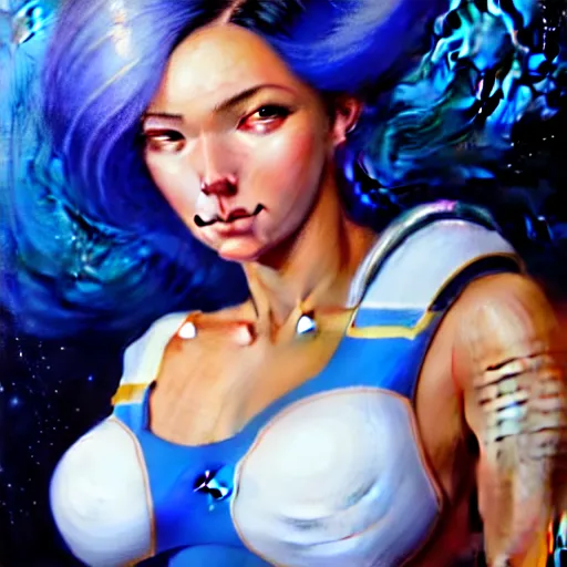 Image similar to a portrait of a very beautiful woman in a spacesuit, Alexandria\'s genesis, shoulder-length blue undercut hair, bored, illustration, soft lighting, soft details, painting oil on canvas by mark arian by artgerm, trending on artstation, 4k, 8k, HD