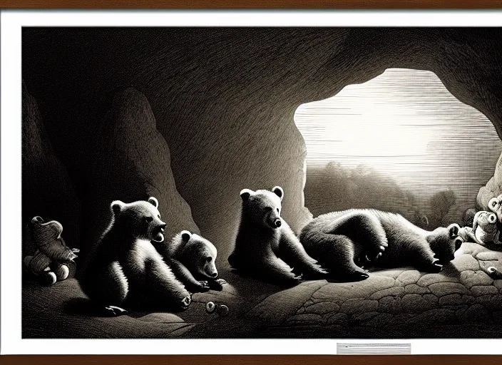 Image similar to Pieter Claesz's 'a bear and her cubs sleeping in a dark cave, lit by hole in roof', night time, cross hatching, backlit, beautiful wooden frame, monochrome, colours of the sunset