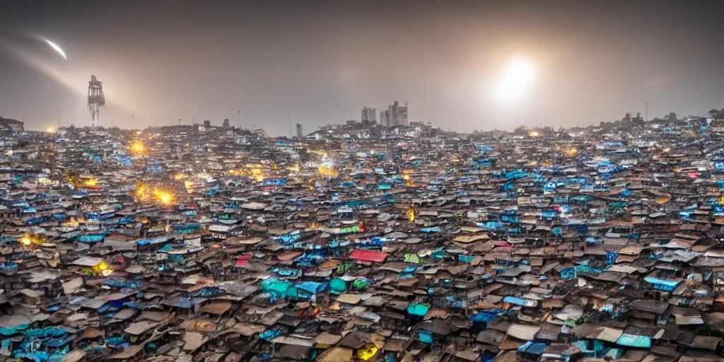 Image similar to large UFO over Ajegunle slums of lagos beaming neon rays of light, wide angle, Gold hour light,