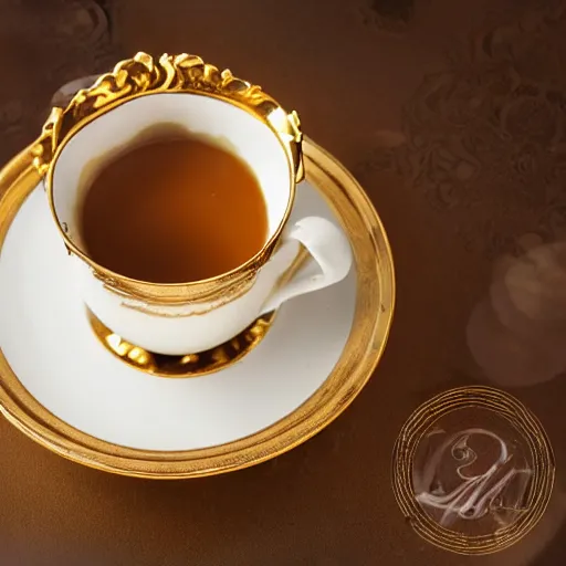 Image similar to ultra realistic photo of a cup of delicatessen pasticceria dolce cream in golden cup with rich details and luxury plates