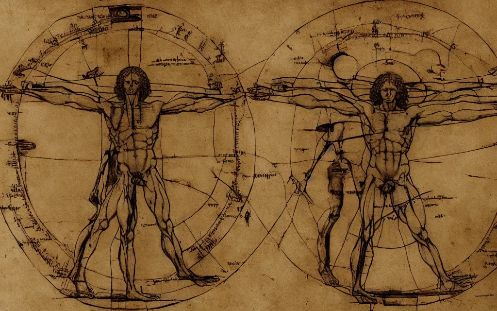 Prompt: The evolution of Vitruvian Man from Ape to Cyborg (and everything in between). Precision artwork by Leonardo Da Vinci. 4K HD Wallpaper. Premium Prints Available