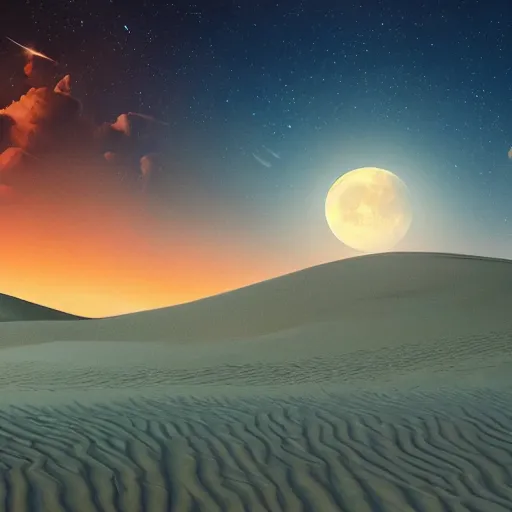 Image similar to midnight dunes of Arabia, the moon hanging in a starry sky, artstation, felix Kelly, Darrell K Sweet, digital art, concept art, d and d art