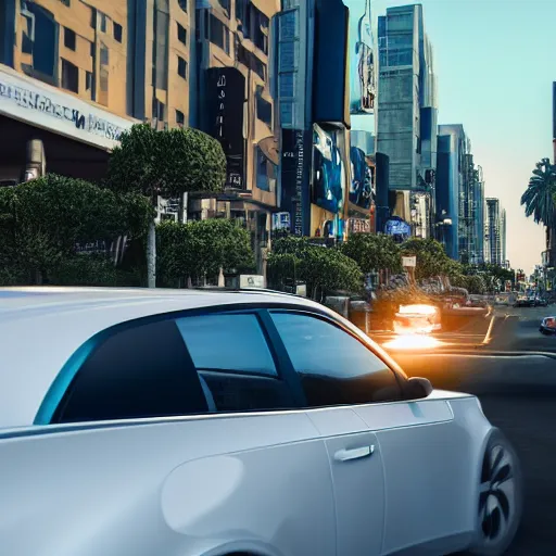 Image similar to a photorealistic image of bichon frise riding in the back on an uber through Hollywood at dusk. This 4K HD image is Trending on Artstation, featured on Behance, well-rendered, extra crisp, features intricate detail and the style of Unreal Engine.