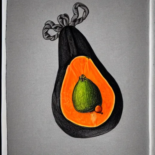 Image similar to a drawing of a papaya fruit with muscles, dressed as a sailor