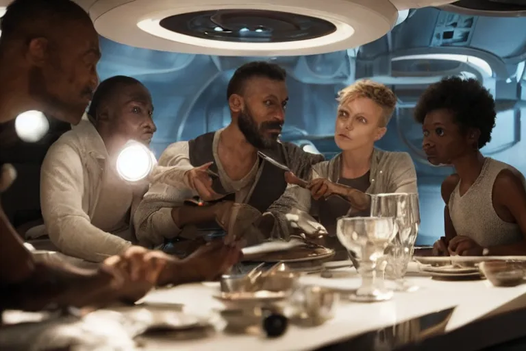 Image similar to movie closeup diverse interracial small team of European sci-fi futuristic space explorers talking at the table in a spaceship kitchen, beautiful skin, Symmetrical faces. Beautiful lighting by Emmanuel Lubezki