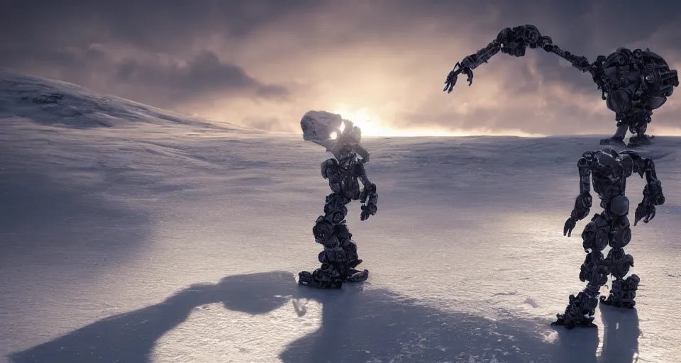 Image similar to huge robot standing in a vast, icy landscape, snow, severe weather, sunset, atmospheric, by artgerm, yoshitaka amano, 8 k, octane render, unreal engine