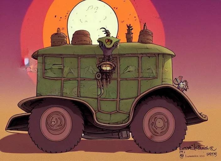 Prompt: a cell shaded cartoon of a lovecraftian tortoise stage coach from howl's moving castle ( 2 0 0 4 ), on a desert road, in front of a full moon, full body, wide shot, very muted colors, post grunge, studio ghibli, laurie greasley, highly detailed, deviantart, art by artgem