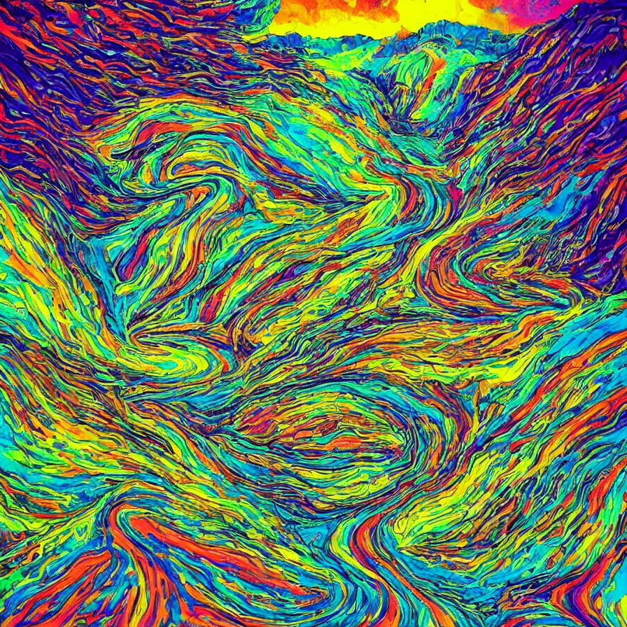 Prompt: trippy psychedelic artwork about a road going down a beautiful valley