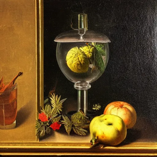 Image similar to gravity bong with weed in still life. dutch masters, 1 8 th century. oil on canvas