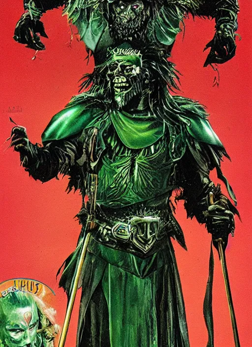 Prompt: The Green Knight (2021), 1980's VHS horror cover art, highly detailed