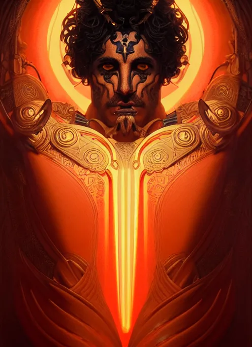 Image similar to portrait of greek god ares, black curly hair, glowing eyes, volumetric lights, face ornament, orange scheme, art nouveau botanicals, gothic, intricate, highly detailed, digital painting, artstation, concept art, smooth, sharp focus, symmetric face, illustration, steampunk, art by artgerm and greg rutkowski and alphonse mucha