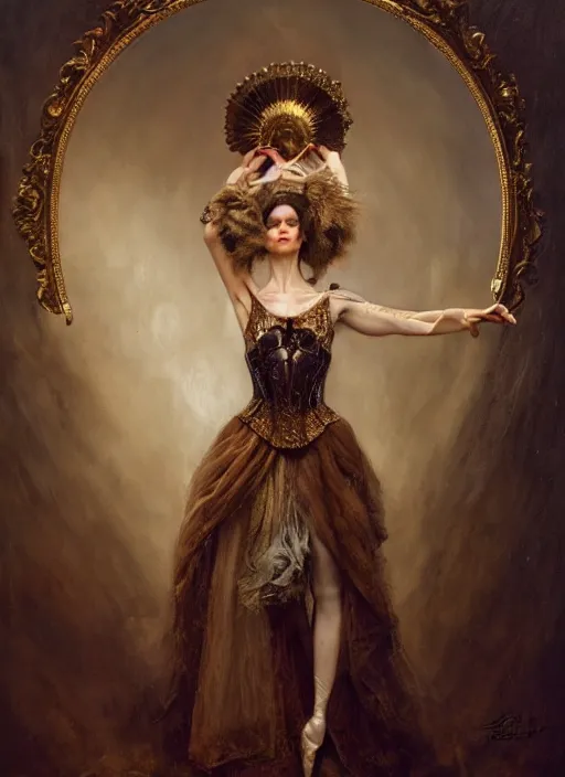 Image similar to highly detailed oil painting | very intricate | cinematic lighting | award - winning | ballet victorian armor fashion by alexander mcqueen | by roberto ferri, by tom bagshaw, by j. c. leyendecker and klimt, american romanticism, by austin osman spare, artstation, cgsociety, official art, octane