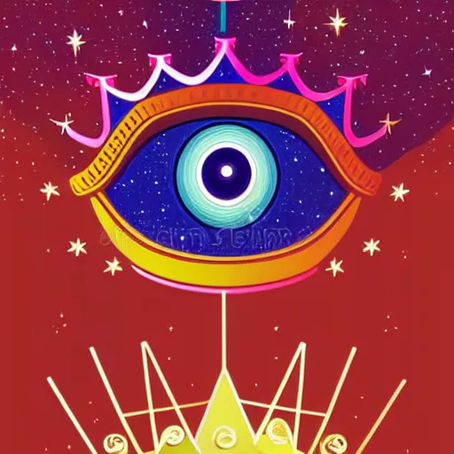 Prompt: a glowing crown sitting on a table with one large beautiful eye mounted on it like a jewel, stars on top of the crown, night time, vast cosmos, geometric light rays, bold black lines, flat colors, minimal psychedelic 1 9 6 0 s poster illustration