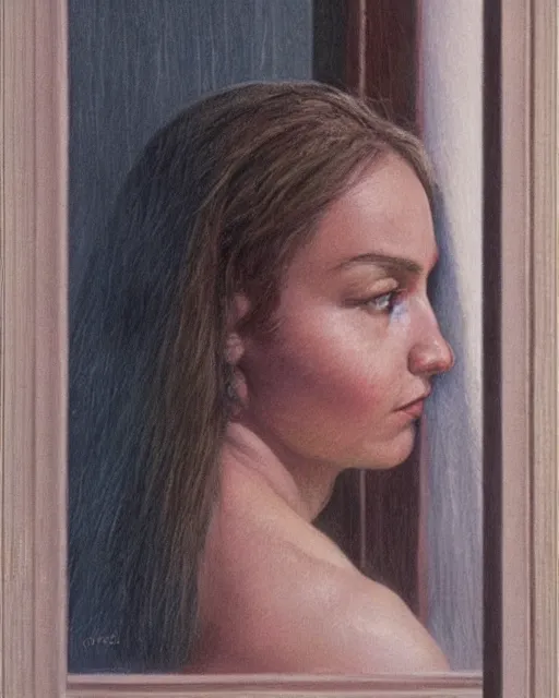 Image similar to Alba Baptista looking out the kitchen window at night, moonlight, light streaks, detailed face, by Kenne Gregoire