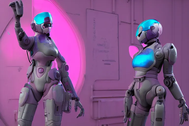 Image similar to a beautiful woman, piloting a mech. Pink and blue color scheme. Scifi city street background. In the style of Arcane by fortiche. Marmoset Toolbag, zbrush, substance painter.