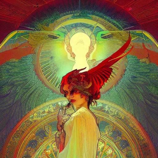 Image similar to the solarpunk phoenix, red bird, volumetric light, bokeh, painting by greg rutkowski by alphonse mucha