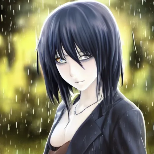 Image similar to 1 7 - year - old anime goth girl, black hair, long bob cut, long bangs, gothic coat, long bangs, united kingdom, rainy day, small town in great britain, midlands, english village, ultra - realistic, sharp details, cold lighting, blue and gray colors, intricate details, subsurface scattering, hd anime, 2 0 1 9 anime