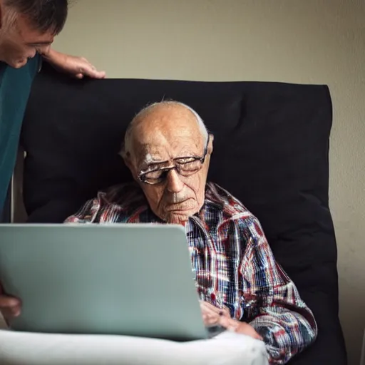 Image similar to coffin with elderly man who is browsing internet on laptop