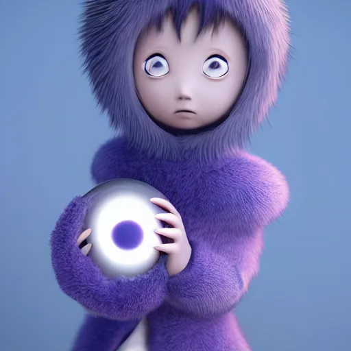 Prompt: ultra-realistic ultra-detailed woman eating a small sun the style of ghibli kazuo oga, blue and purple fur, big ears, toy room, DOF, soft lighting, unreal engine render