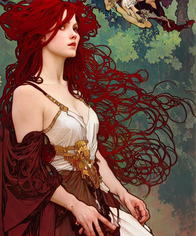 Image similar to a demonic princess with flowing red hair painting by alphonse mucha, greg ruthowski, detailed, henry ascensio, craig mullins, intricate and detailed