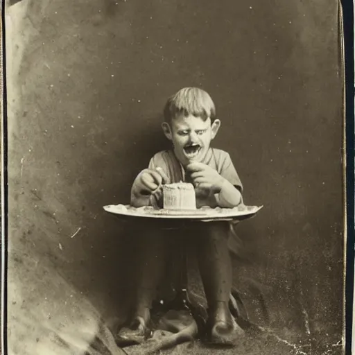 Image similar to a daguerrotype photo of a ugly boy man eating a cake, award winning photo