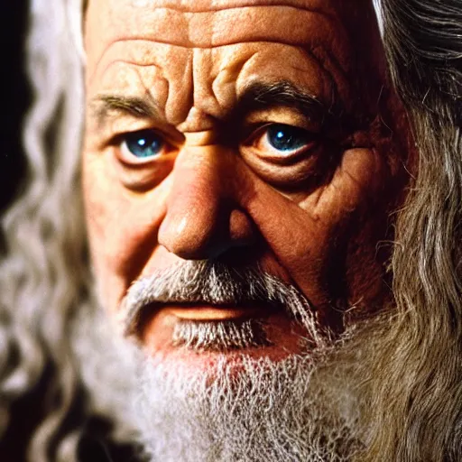 Prompt: closeup portrait of bill murray as gandalf in lord of the rings, film still, promotional shot