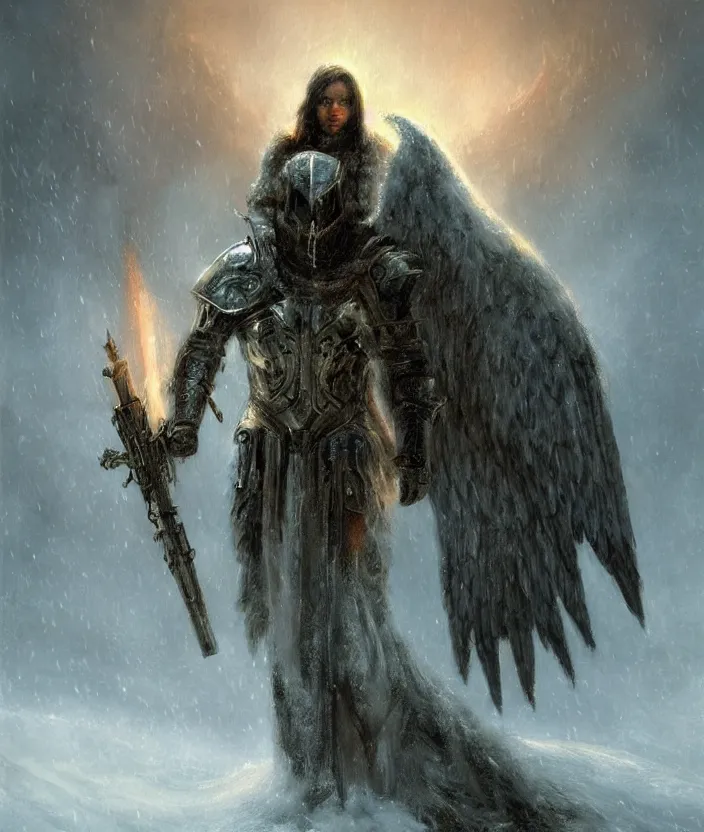 Image similar to Angel Soldier in a snowstorm, wearing an armor with fur accents, mysterious, fantasy artwork, godrays, warm colors, by seb mckinnon