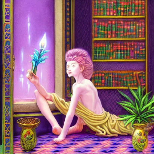 Image similar to a detailed fantasy pastel painting of a young wizard in ornate clothing lounging on a purpur pillow on the marble floor in front of her bookcase, studying an ancient tome. to the side is a potted plant and some blue candles. ancient oriental retrofuturistic setting. 4 k key art in the style yoshitaka amano. anatomically correct